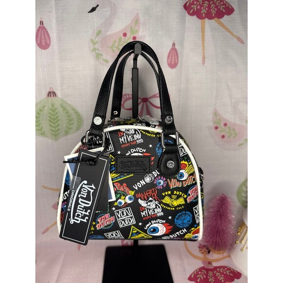 Von Dutch Jax Bowler Bag – Black Graffiti Logo Print Y2K Satchel - Picture 1 of 6